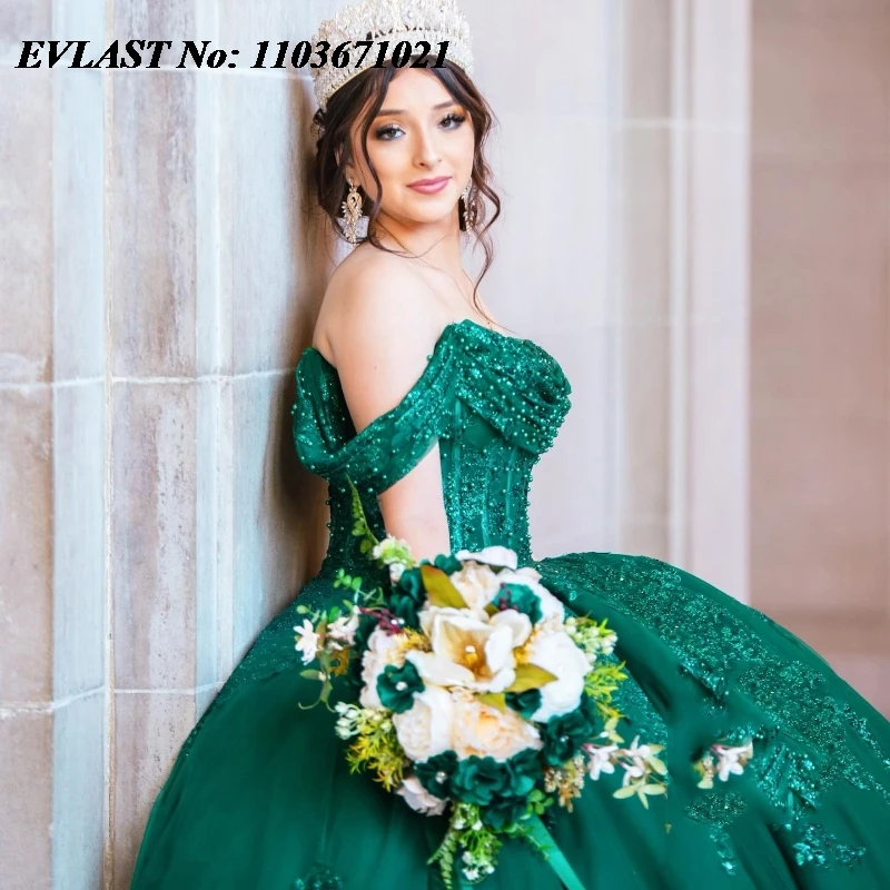 EVLAST Glitter Dark Green Quinnceanera Dress Ball Gown Shiny Applique Beaded Mexican Corset Sweet 16 Vestidos De 15 Anos SQ546