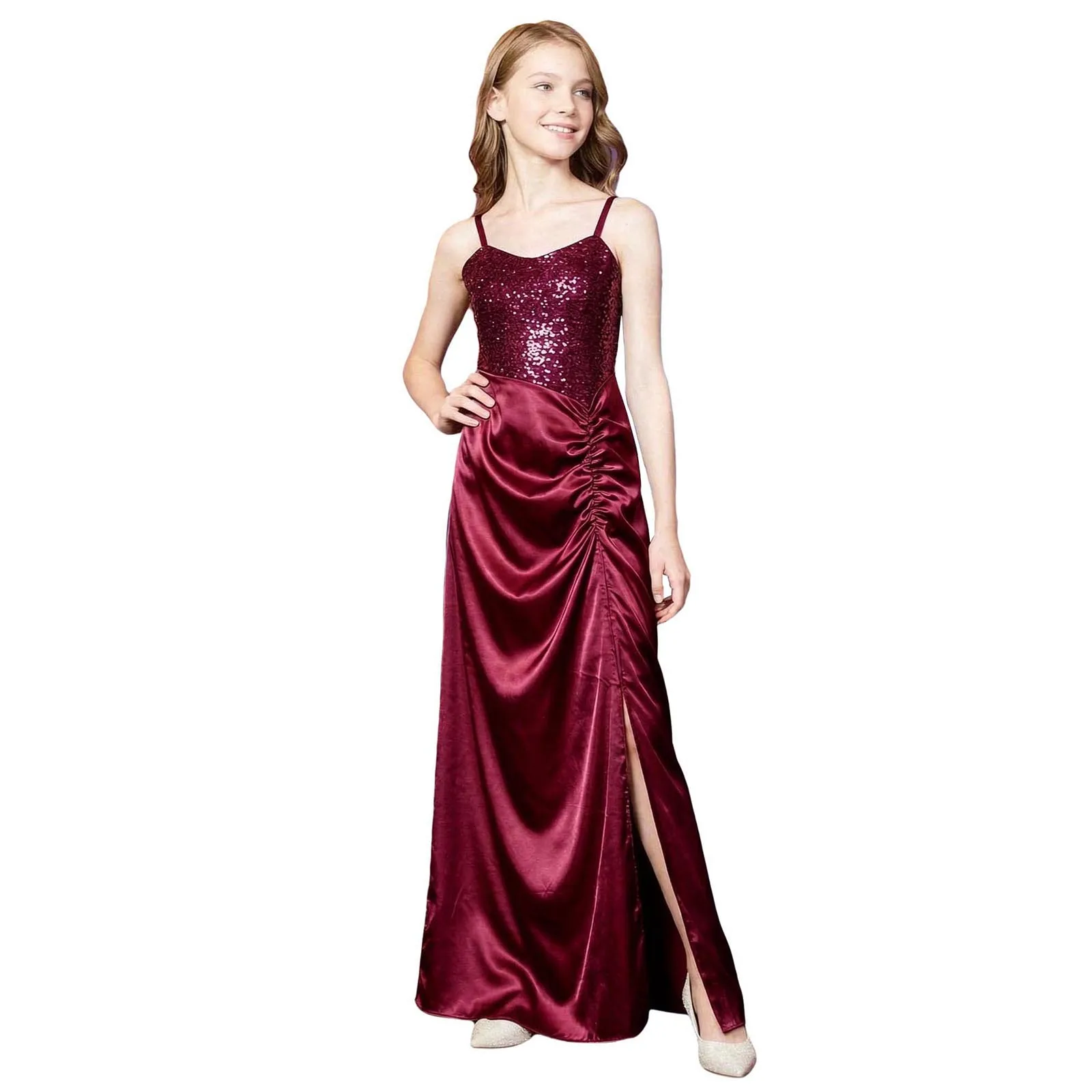 Kids Flower Girls Satin Dress Sparkly Sequins Bodice Side Split Ruched Gown Elegant Wedding Birthday Party Bridesmaid Dresses