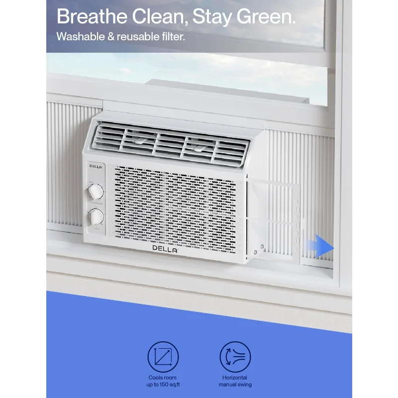DELLA Window Air Conditioner, Reusable Filter, Easy Install Kit, 5000 BTU Cools Up To 150 Sq. Ft, Energy Saving AC Unit