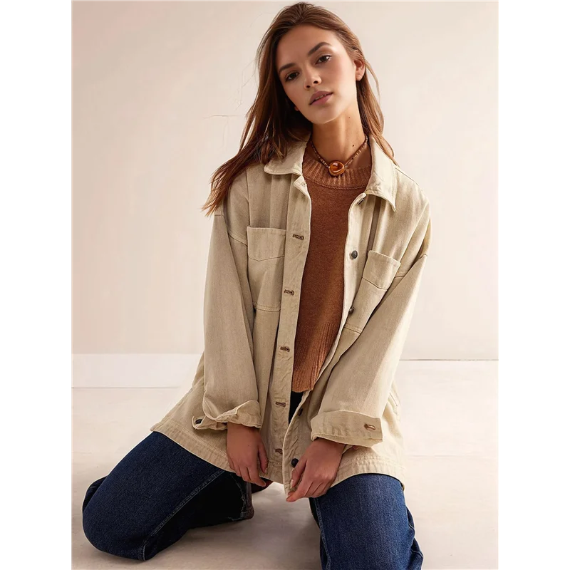 ABRT-Women's City Denim Jacket-Long Sleeve Oversized Boyfriend Style Jean Jacket With Button Up Front