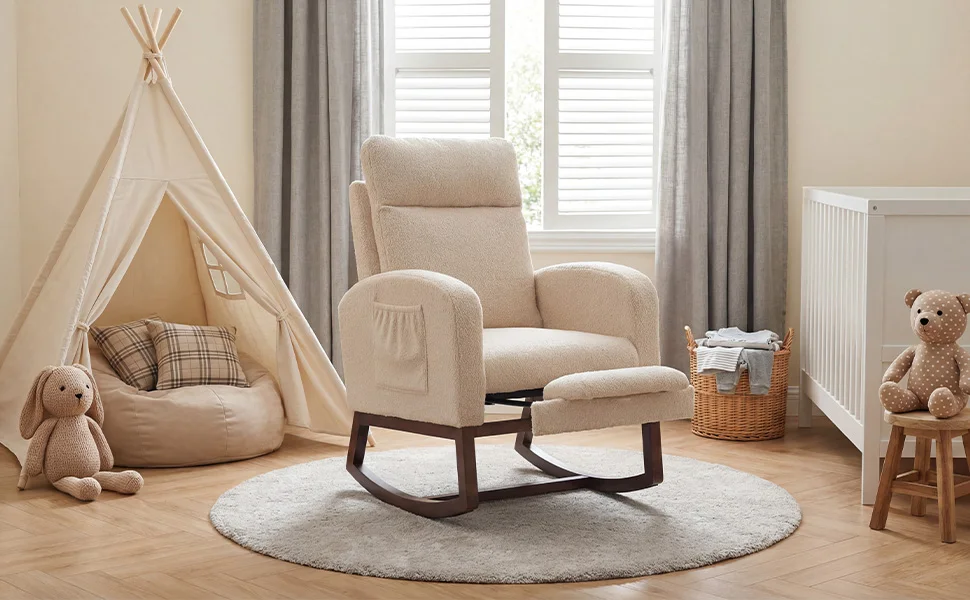 Upholstered Nursery Rocking Chair with Footrest &amp;amp; Side Pocket