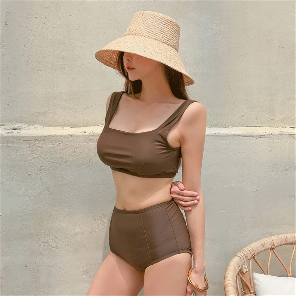 Sexy Bikini Frauen mit hoher Taille feste braune Bade bekleidung plissierte Biquini Crop Top Bandeau Badeanzug Push-up Badeanzug Pad Korea Stil