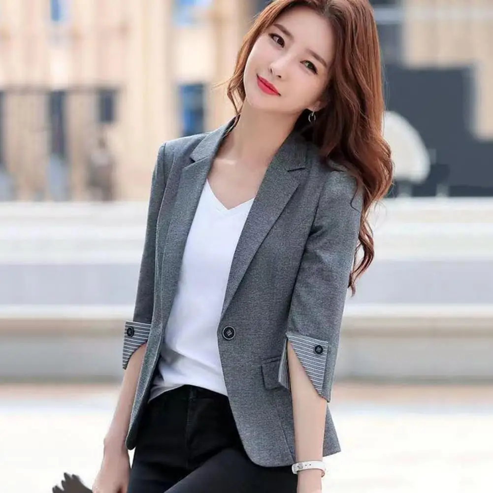 Women Blazer Three Quarter Sleeves Lapel Notch Collar Lady Formal Thermal Cardigan Plus Size Business Lady Coat Party