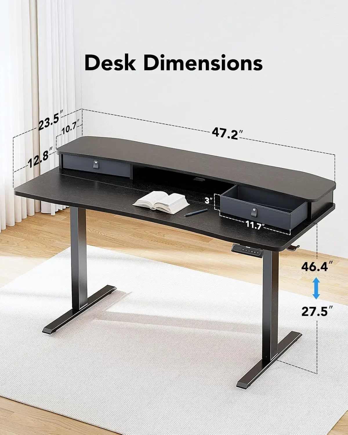 48″ x 24″ Electric Standing Desk with 2 Drawers, C-Clamp Mount Compatible, Height Adjustable Computer Desk, Home Office