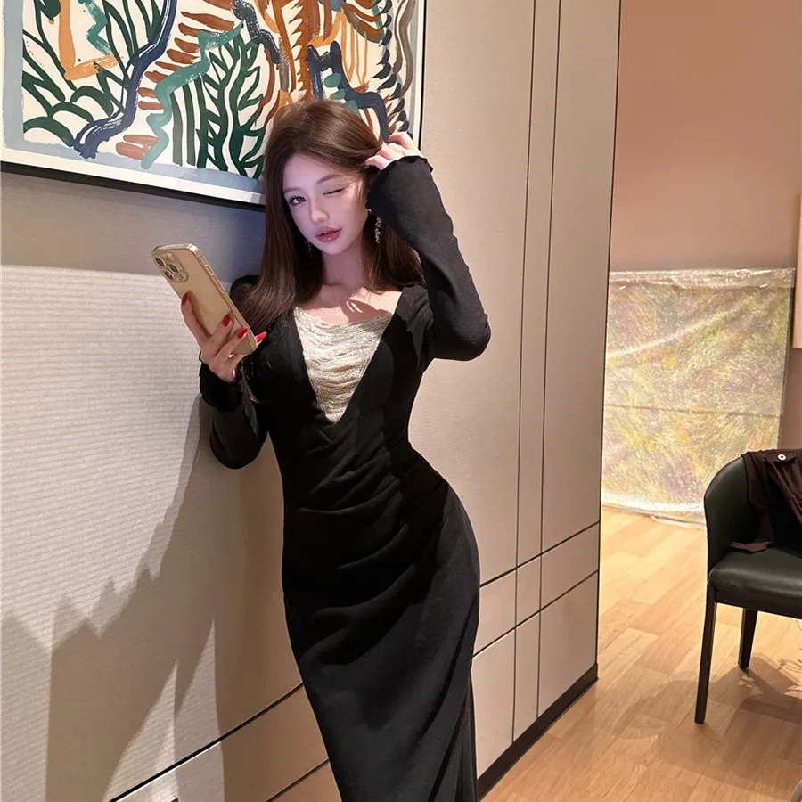 خريف شتاء ريترو مثير عميق الخامس Ne لصق طويل Sve مطوي الخصر في ذيل فاي الدكتور تنورة طويلة المرأة عالية الخصر تخفيف Sle