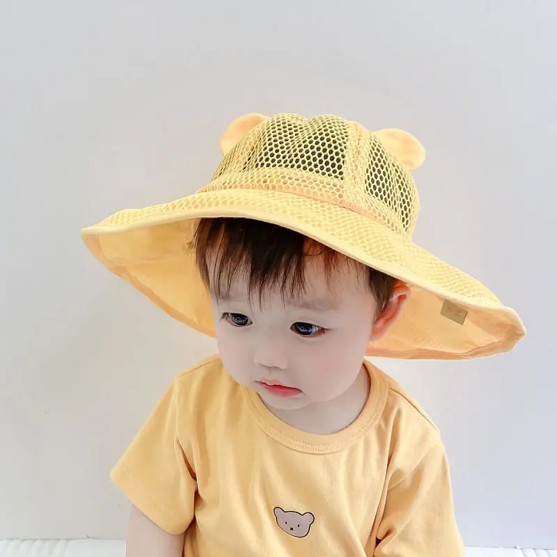 1-5Y Baby Mesh Net Hat Summer Breathable Sun Basin Cap For Boys Girls Cartoon Big Eaves Bucket Hats Beach Children Fisherman Cap