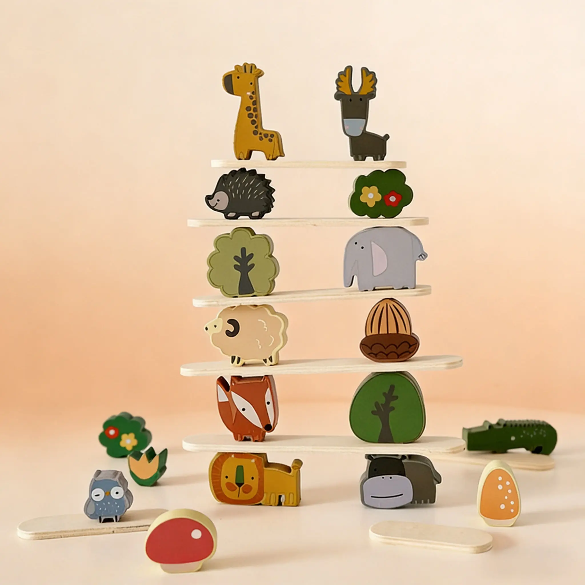 Gioco di equilibrio dei blocchi impilabili degli animali della foresta in legno per bambini, coordinazione occhio-mano e giocattolo impilabile interattivo per l'educazione precoce