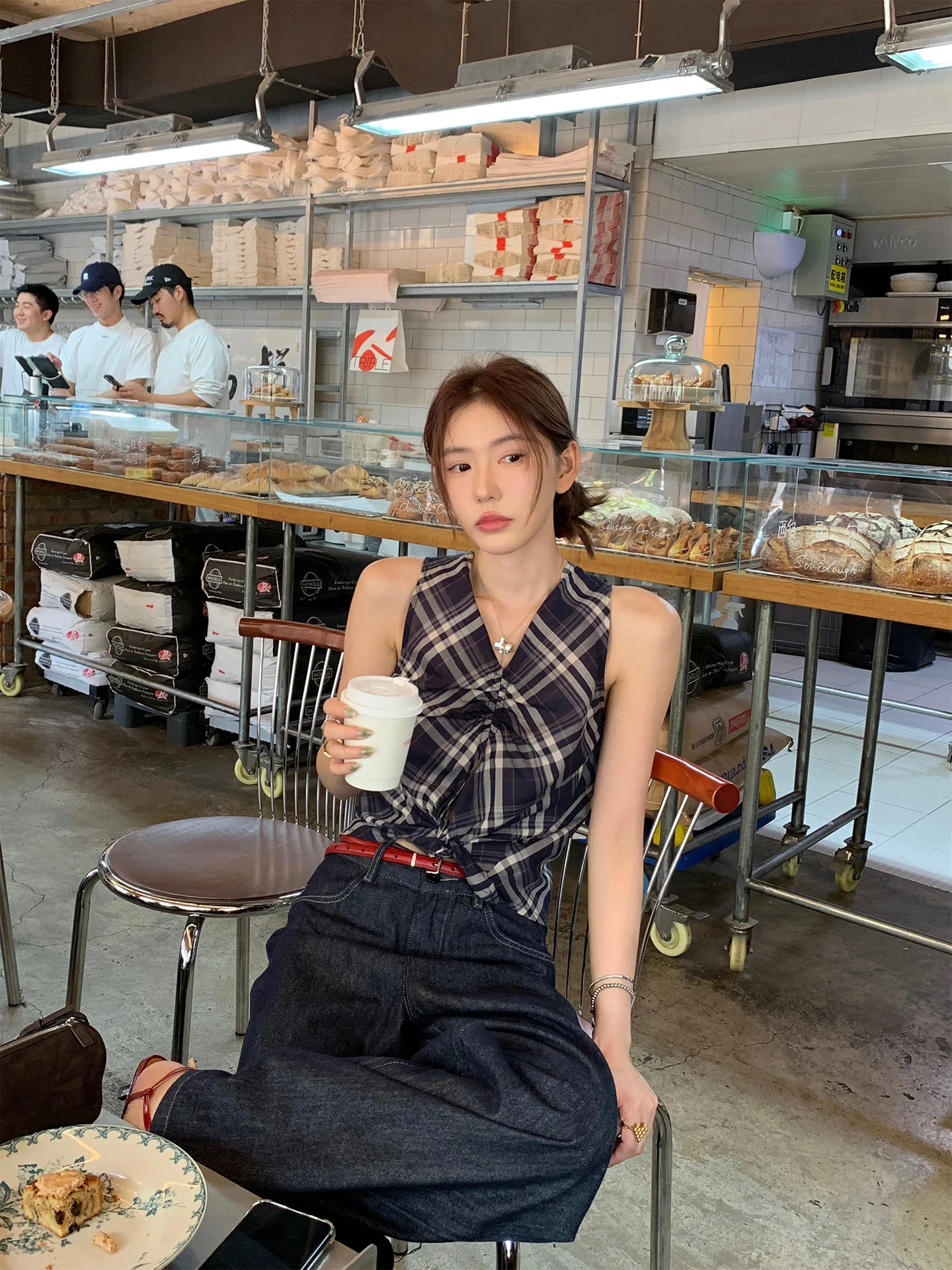 

Classic Women's Vest Front Ba Two-Way Wear Svel Plaid Summer New Arrival Cotton 00% Versatile Sle Regular Fit