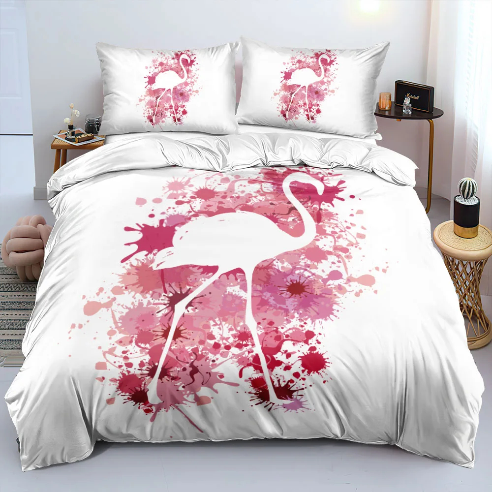3D White Quilt Cover Sets Custom Design Flamingo Comforter Cases Pillow Sham 160*200cm Full Twin Double Size Animal Bedding Set