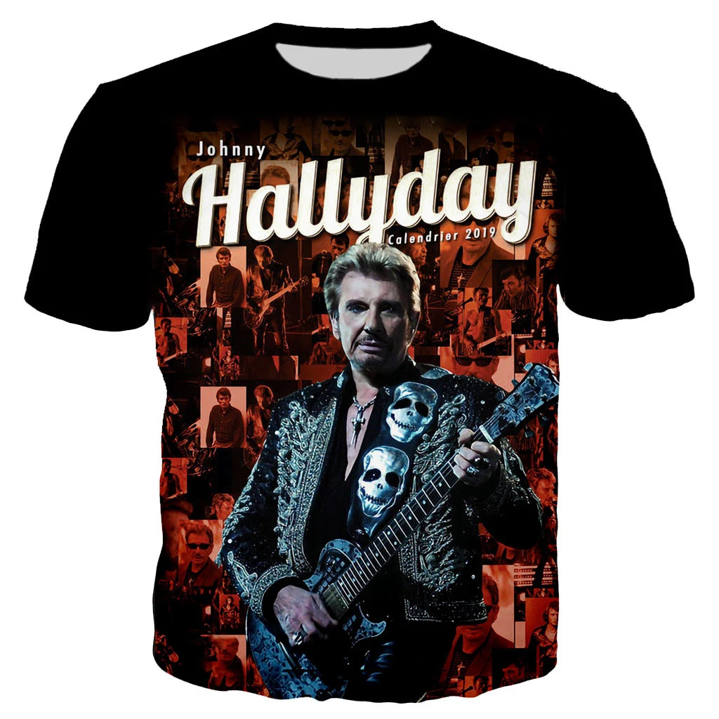 Pop şarkıcı Johnny Hallyday 3D baskılı tişört erkek kaya moda günlük T-shirt Hip Hop Harajuku üstleri yaz erkekler sokak giyim