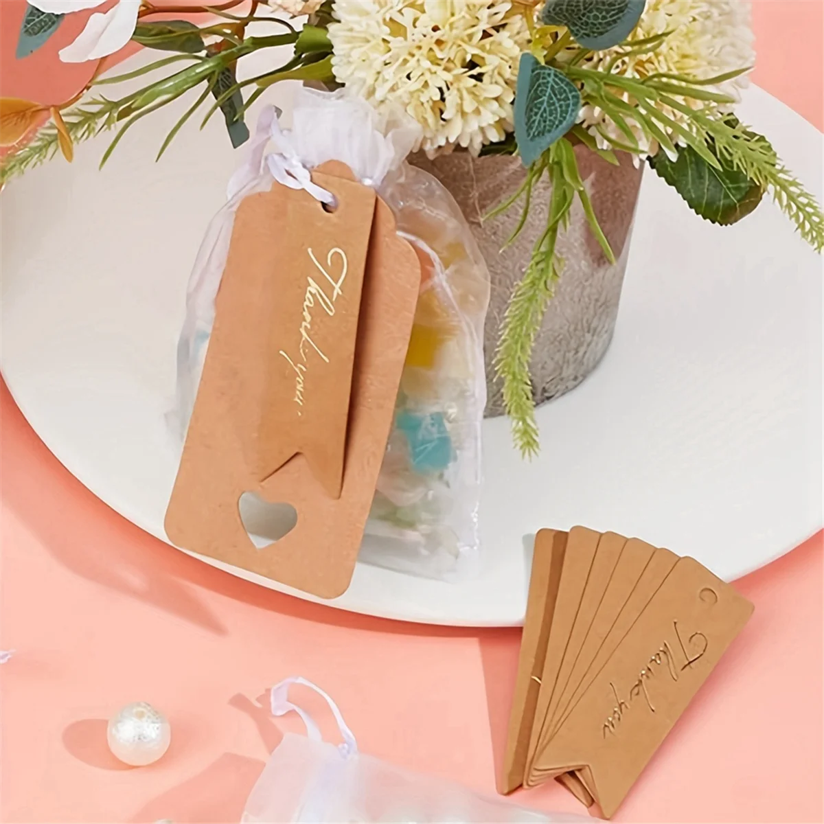 ABJZ Aksesori Gantungan Kunci Indah dengan Label Terima Kasih Tas Transparan Pembuatan Perhiasan DIY Cocok untuk Pernikahan