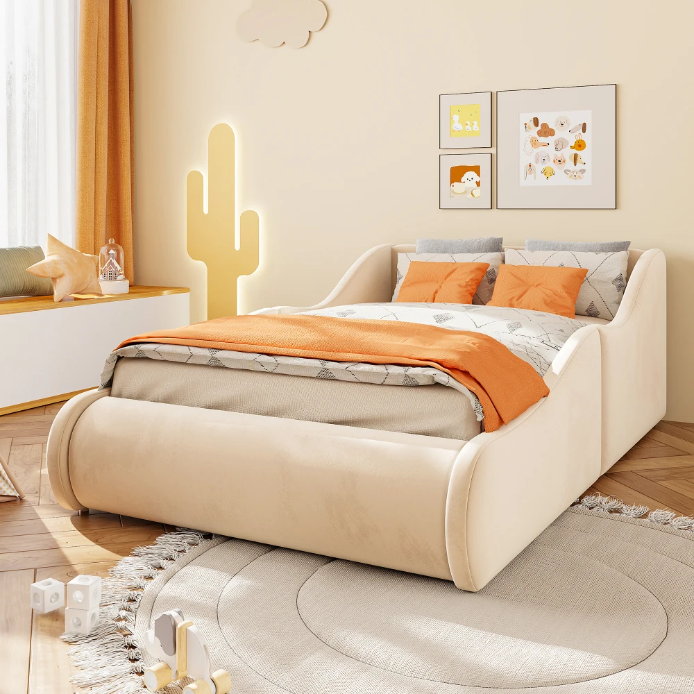 90 x 200 cm & 140 x 200 cm Samtbezogenes Einzelbett, Modernes Weiches Stoffbett mit Hohem Kopfteil und Seitengittern, Integrierte Matratze Inbegriffen, Elegantes Beige Schlafzimmermöbel