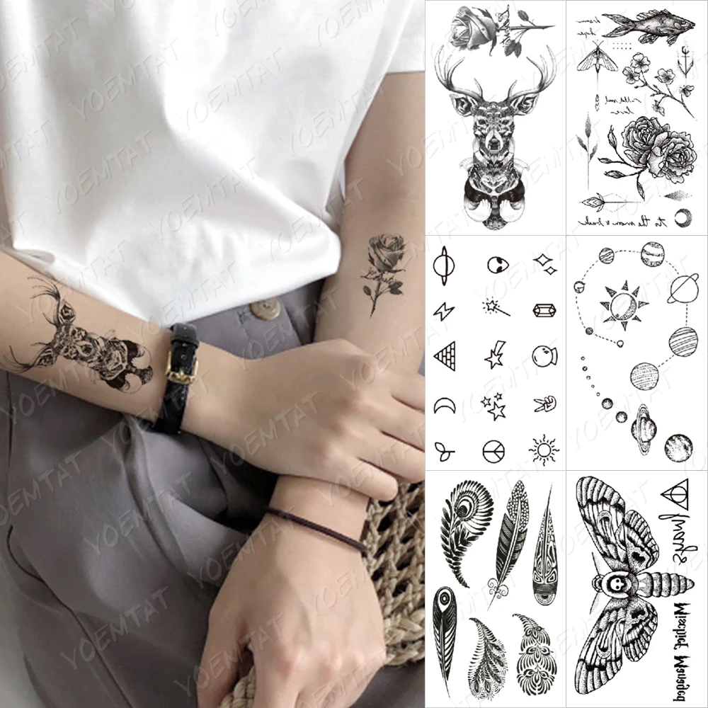

Waterproof Temporary Tattoo Sticker Deer Rose Peony Moth Flower Animal Flash Tatto Women Men Black Line Body Art Fake Tatoo Arm