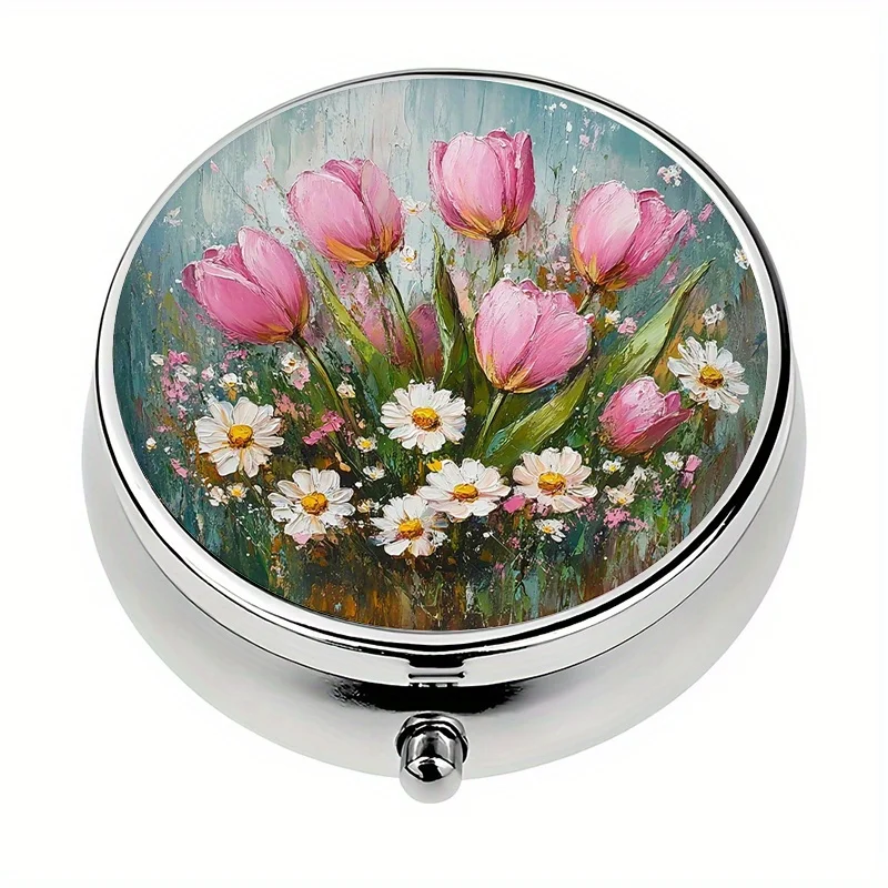 1 pink tulip and daisy floral-themed box with 3 compartments, container, storage box, decorative vitamin organizer or wallet, flat print