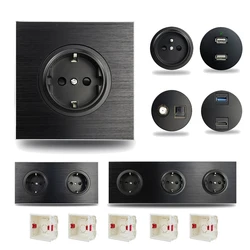 Wall Socket EU French Electrical Outlet Black Brushed Aluminum Finish 1-5 Post, Ethernet TV Wiring Outlet, Wallpad L6