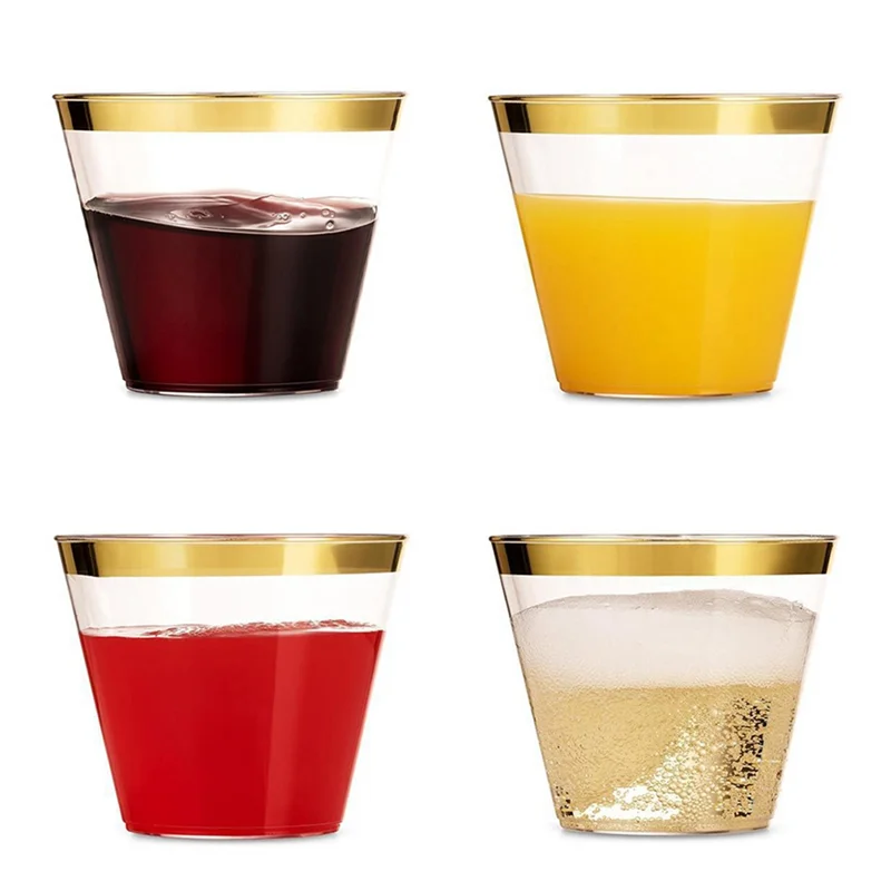 

ELEG-3X Golden Plastic Cups 9 Oz Disposable Cup Plastic Wine Glass Party Cups Transparent Plastic Cup For Parties