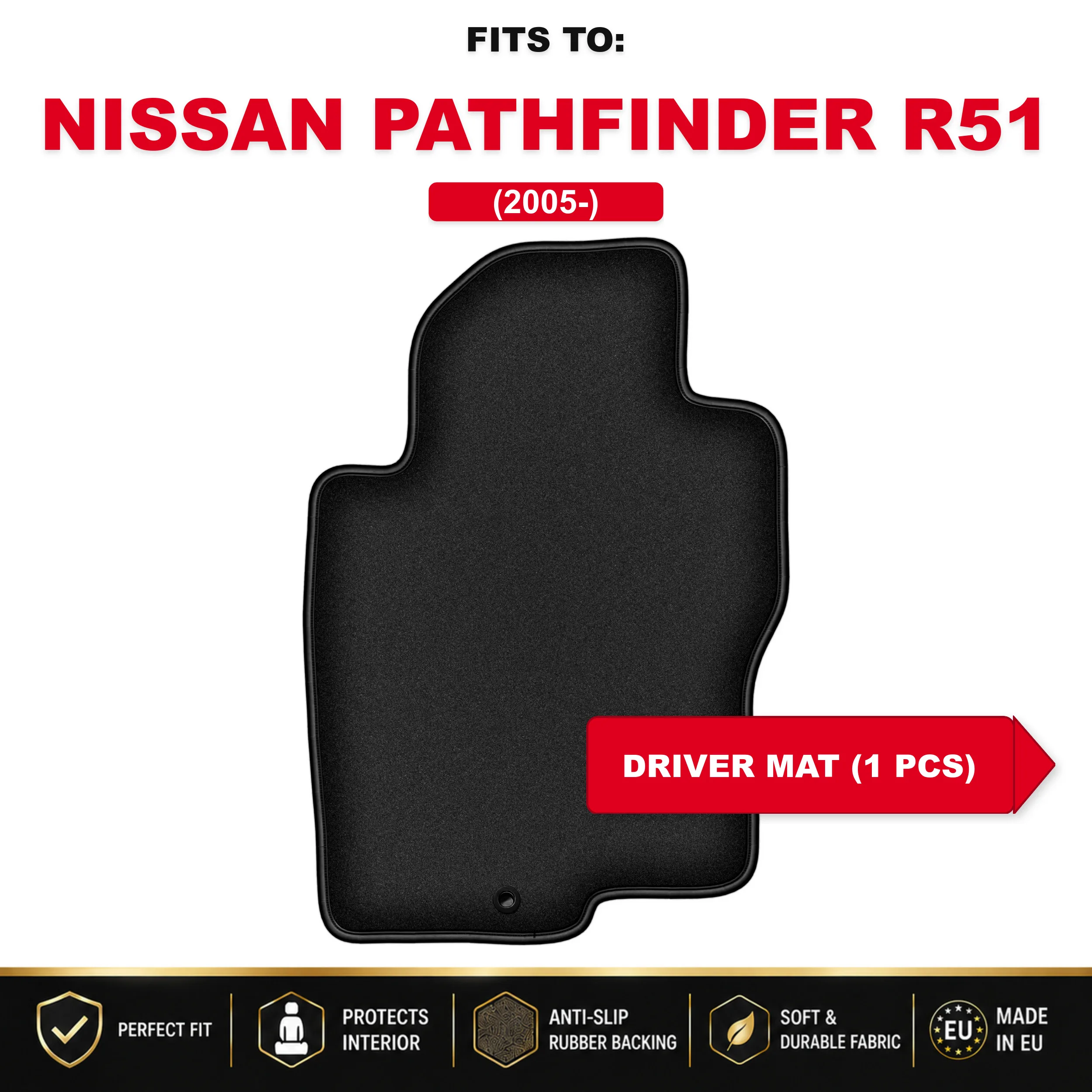 Tapis de sol noir en velours pour conducteur, pour Nissan Pathfinder R51 2005- SUV, 1 pièce, à placer sous les jambes du conducteur