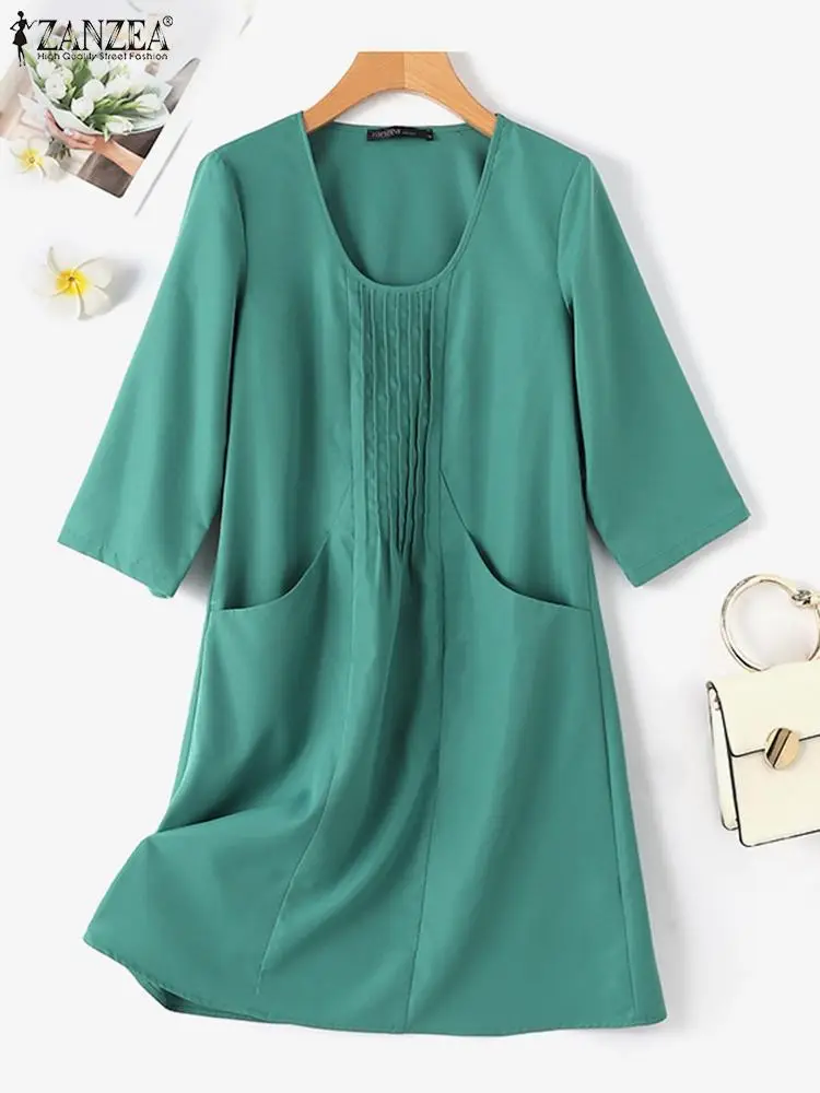 ZANZEA Fashion Pleated Design Dress Woman 3/4 Sleeve O-Neck Dresses Elegant Party Sundress Vintage Solid Color Vestidos Oversize