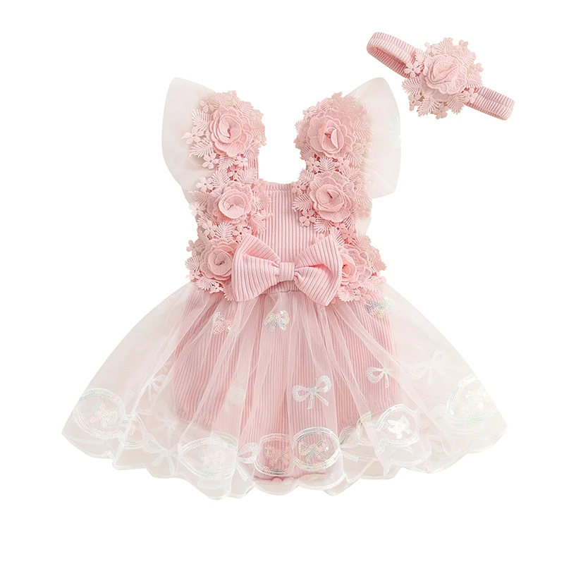 

0-24M Infant Baby Girl Romper Dress Sleeveless Bow Flower Lace Tulle Dress Bodysuit Headband Newborn Summer Outfits