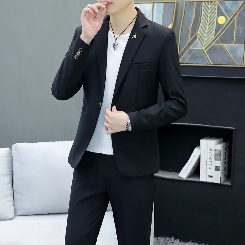 Suit (Blazer+ Pants) Men\'s Fashion Casual Gentleman Work Solid Color Trend Outdoor Business Wedding Light Luxury Banquet Suit