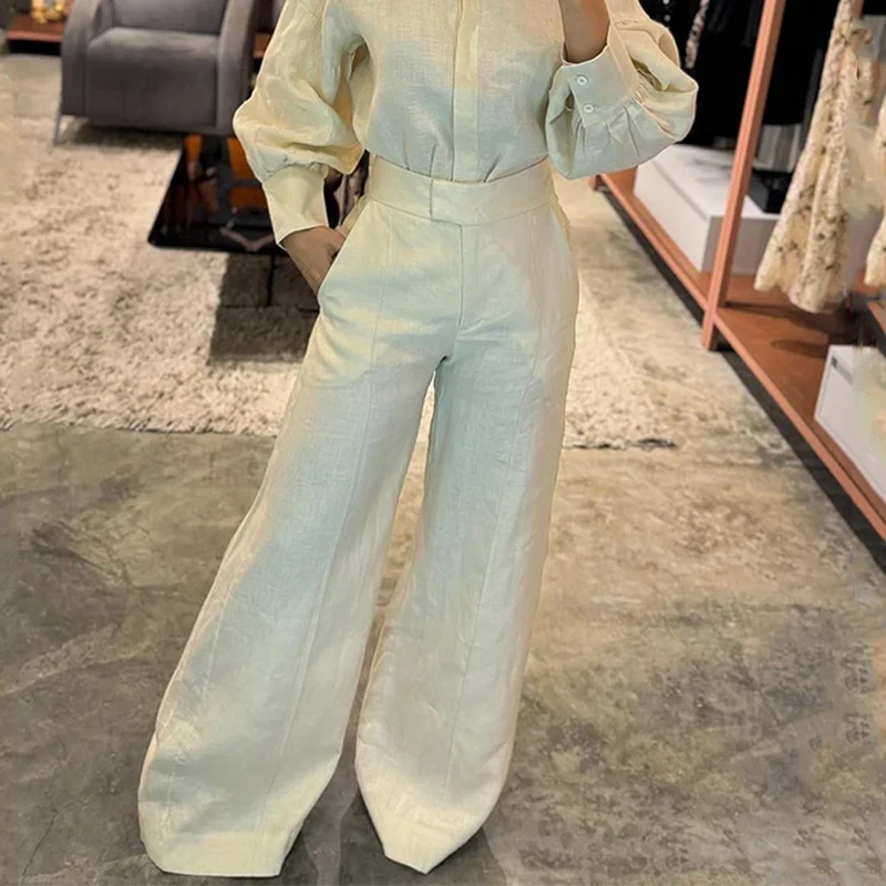 Wefads Fashion Two Piece Set Women Long Lantern Sleeve Round Neck Single Breasted Button Top Loose Straight Pants Set Streetwear