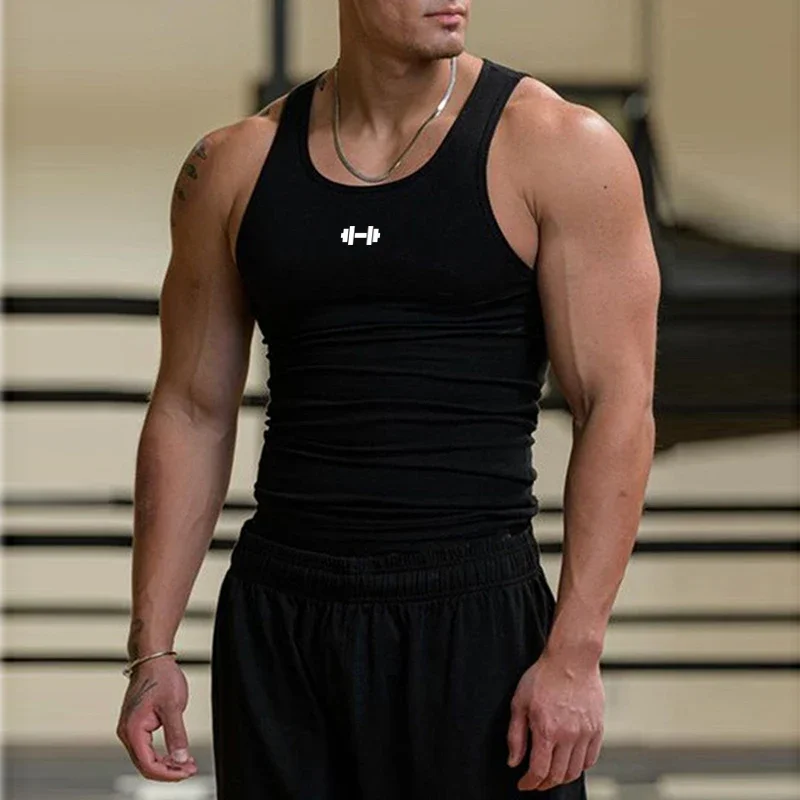 Summer Men Running Vests Elastic Slim Fit Fitness Tank Tops Quick Dry Compression Shirt Dumbbel Printed  Gym Clothing  Sports