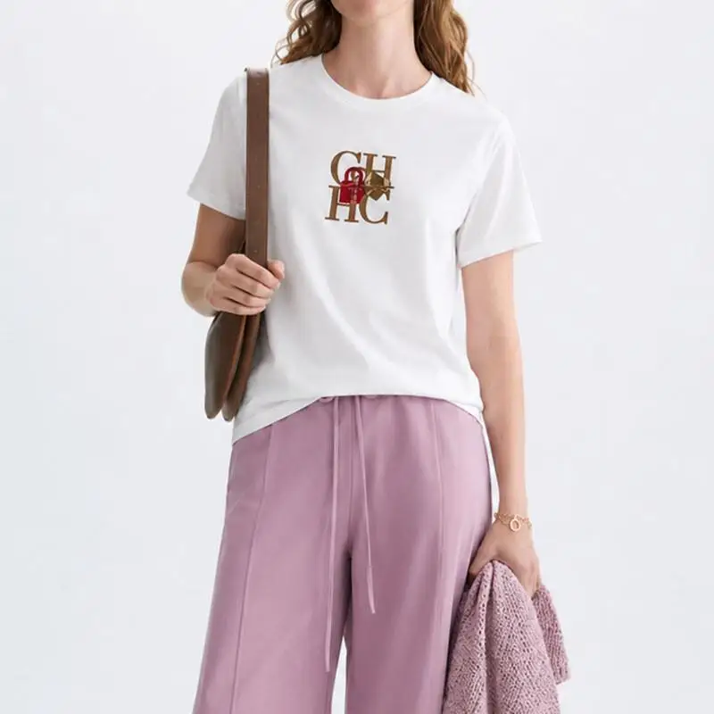 CH Damen Weißes Baumwoll-T-Shirt mit Besticktem Logo Rundhals Kurzarm Atmungsaktives Lässiges Sommer-Oberteil – Detail 2
