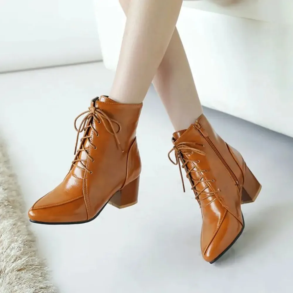 QPLYXCO Ankle Boots Women Fashion Pointed Toe Lace Up Thick Heels Casual Dress Party Short Bootie Big Size 44 45 C9-22
