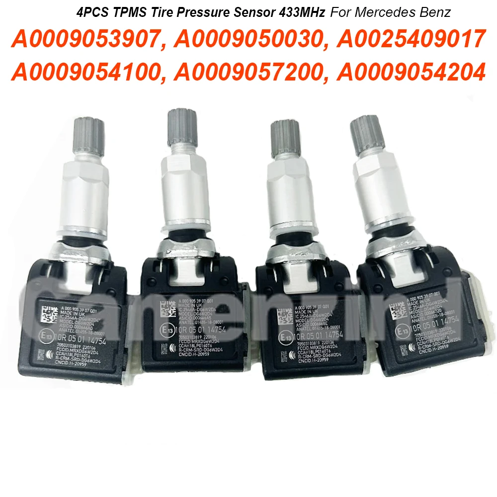 4PCS A0009053907 A0009057200 A0009054100 A0009050030 Sensor de presión de neumáticos TPMS de 433MHz para Mercedes-Benz GLK E400 E250 C300 C63