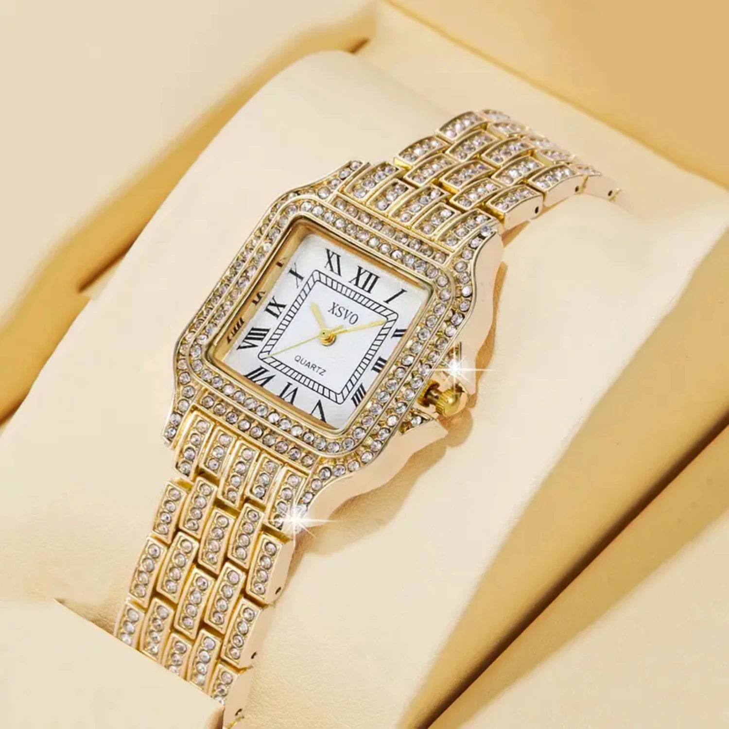 ساعة كوارتز بحزام فولاذي مربع كبير الحجم ولوحة حجر الراين #6