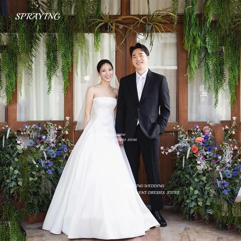 

SPRAYIN Simple Strapless Korea Wedding Dress A Line Sleeveless Bridal Gown With Veil Soft Satin Corset 웨딩드레스 Custom Made