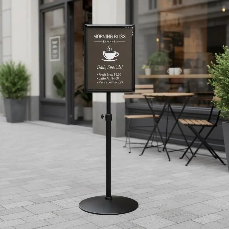 

Floor Standing Poster Display 11 x 17 Inch For Retail Stores Restaurants Trade Shows, Adjustable Viewing Angle Heavy Duty Round Base Metal Construction Black