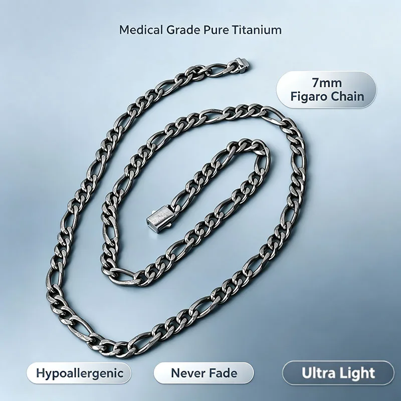 TA1 Pure Titanium Figaro Chain Necklace 7mm Stone Wash Matte Silver Hypoallergenic Men's Never Fade