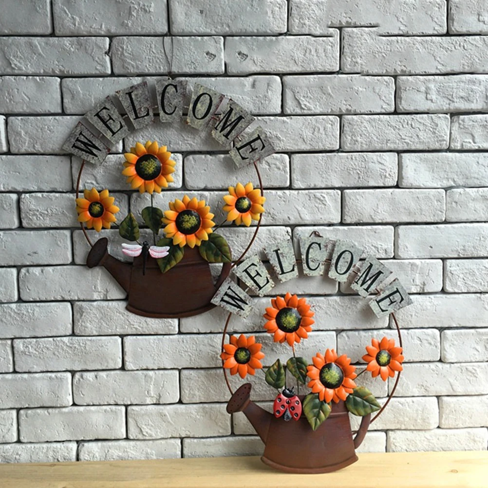 

American Pastoral Style Sunflower Welcome Pendant Iron Wall Hanging Ornament Durable Metal Decor (Yellow Garden Fence Rack Gate)