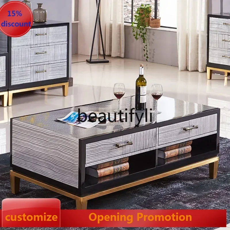 

Light luxury Nordic modern simple baking paint gold-plated multi-functional living room solid wood coffee table G1218