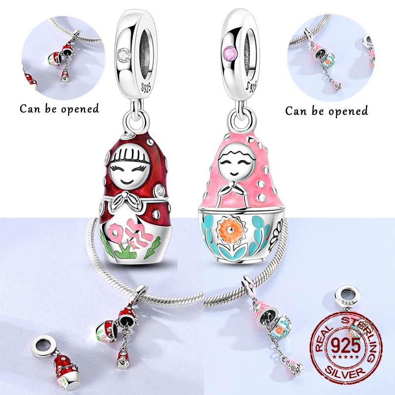 

925 Sterling Silver Red Polka Dot Doll Pendant Can Be Opened Charms Jewellery Fit Original Bracelet Necklace for Women DIY Gift
