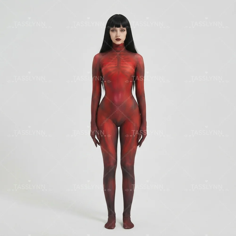 Women Red Muscle Skeleton Zentai Bodysuit, Full Body Ribcage Bone Print Jumpsuit Horror Undead Cosplay Costume For Halloween view 6