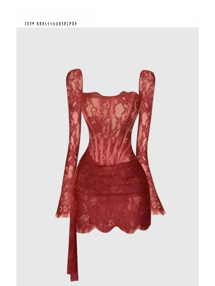 

HEZA Lace Fibone ort Dr Women's Sexy Spicy Girl Wind Spring Casual Sle plus Size Ribbon Tie Bodycon Dr