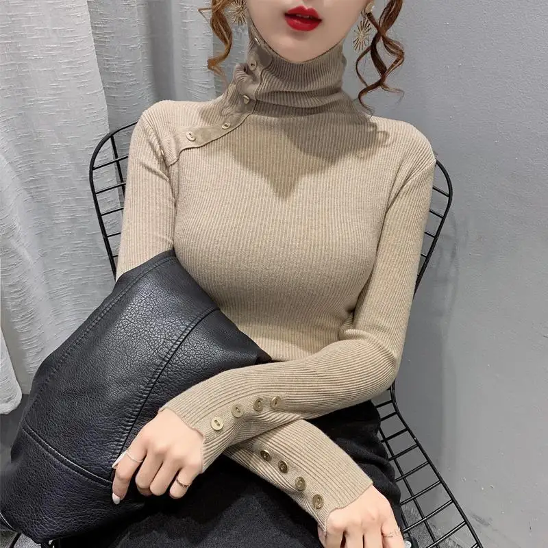 

Autumn and Winter New Pullover Inner Top Thickened Pile Collar Knitted Turtleneck Sweater Women's Base Shirt