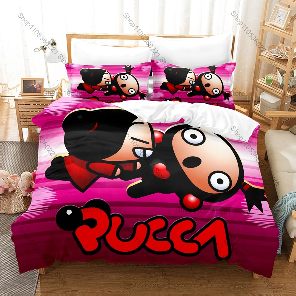 Kawaii Pucca & Garu Bedding Set 3 Piece Lovely Anime Pattern Duvet Cover Set Single Twin Full Queen King Size Decor