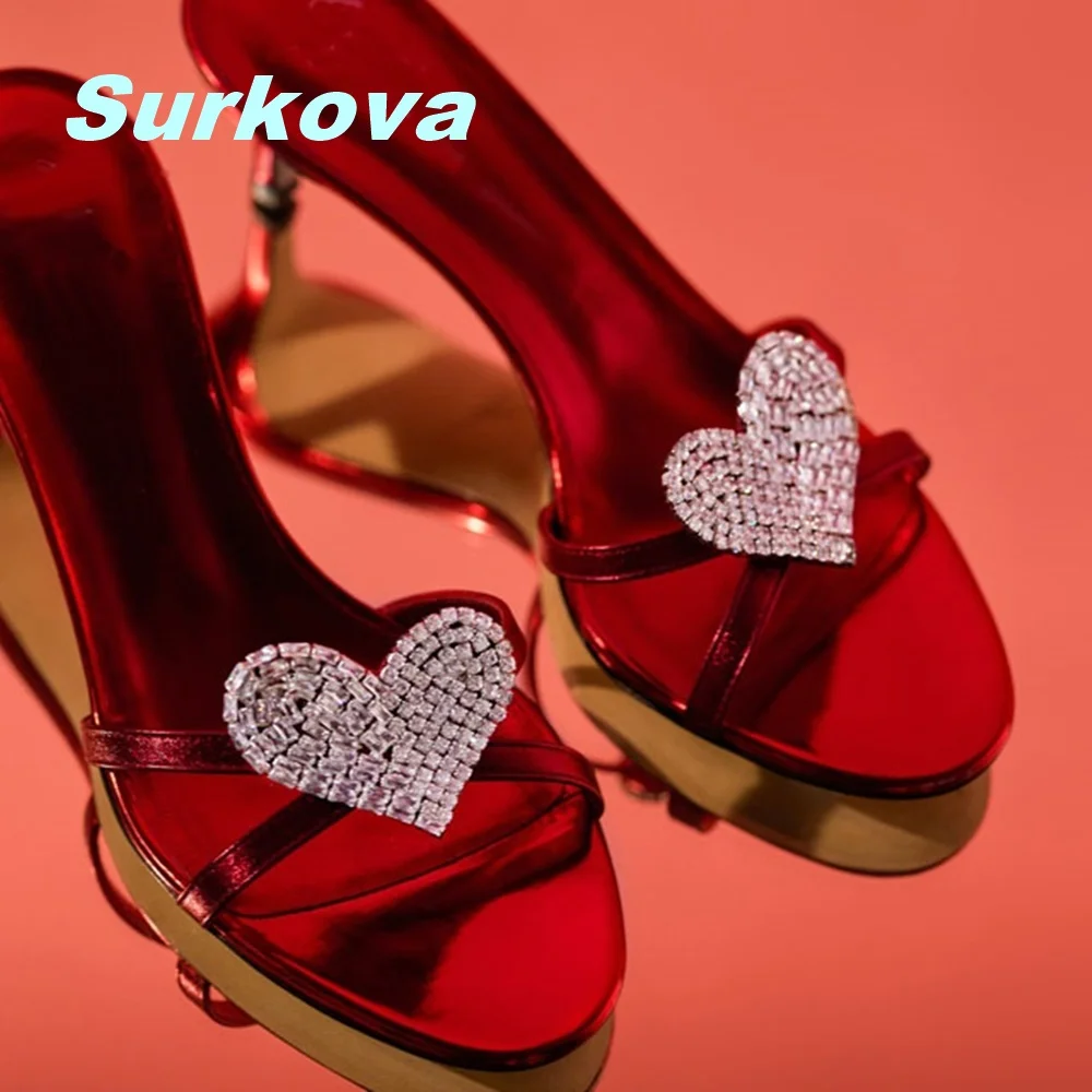 

Gorgeous Red Stiletto Slippers Heart Shaped Rhinestones Round Toe Sexy 2024 Fashion Sweet Women Shoes Outside Leisure All Match