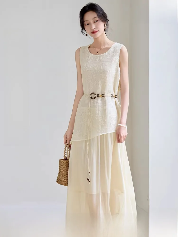 

Casual Summer Embroidered Patchwork Vest Dress Irregular Hem Belt round Neck Short Sleeve Women's Premium Fashion Polyester F...