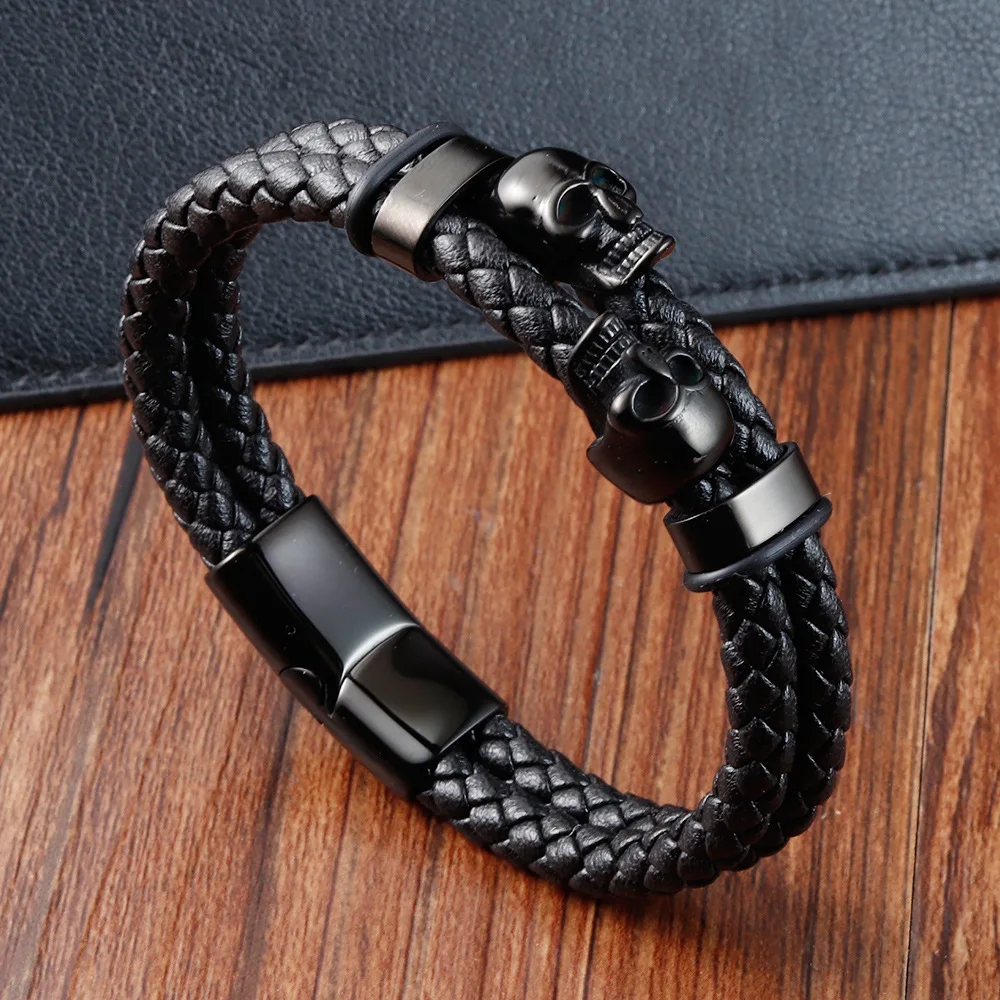 Skull Stainless Steel Bracelet Ghost Head Men\'s Leather Bracelet Braided Bracelet Handmade Multilayer Genuine Leather Bracelet