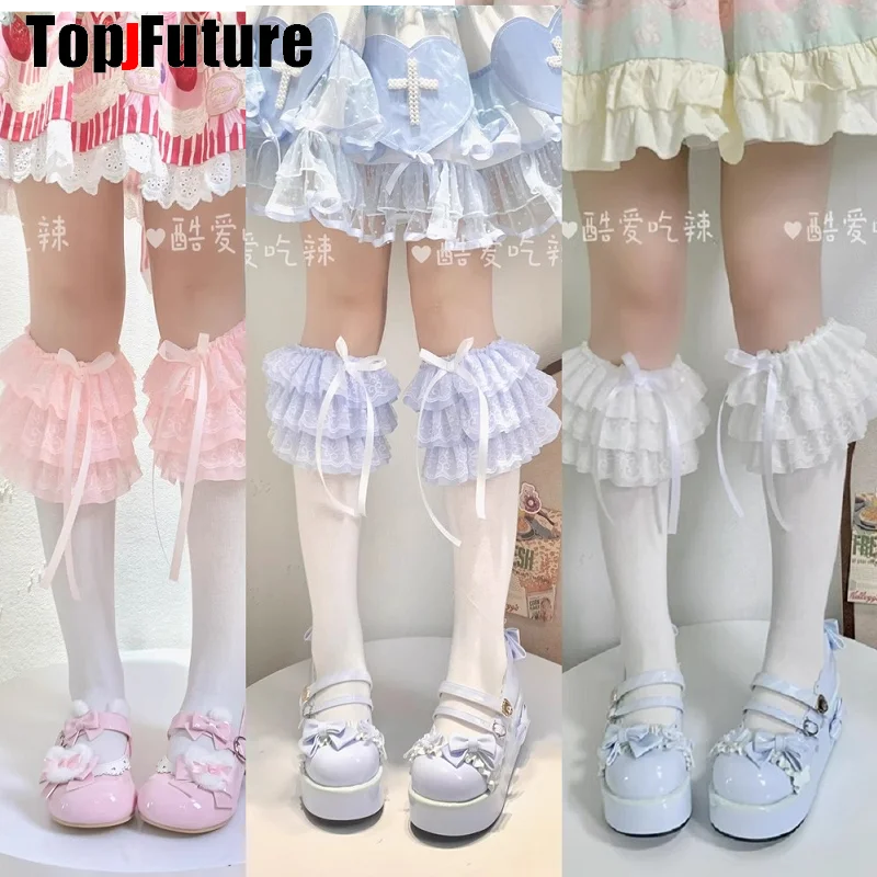 Lolita Multi 6 Layers Bow Lace Ruffle Stocking Y2K Girl Socks Female Long Stocking Uniform Calf Sock Student Over knee JK Socks