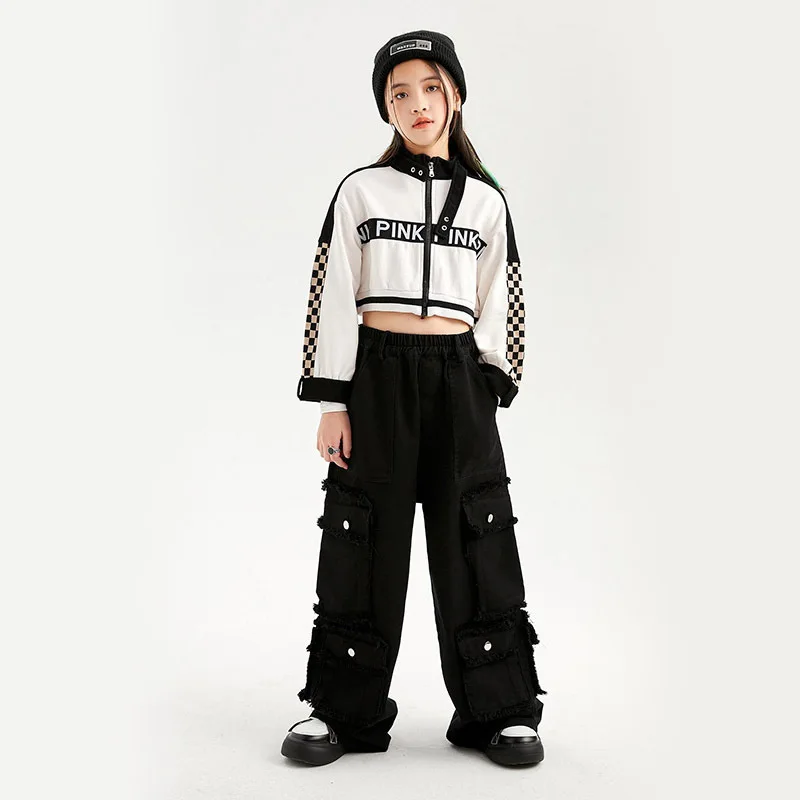 

Kid Hip Hop Clothing White Short Zip Up Shirt Crop Top Black Streetwear Baggy Cargo Pants for Girls Jazz Dance Costume Clothes