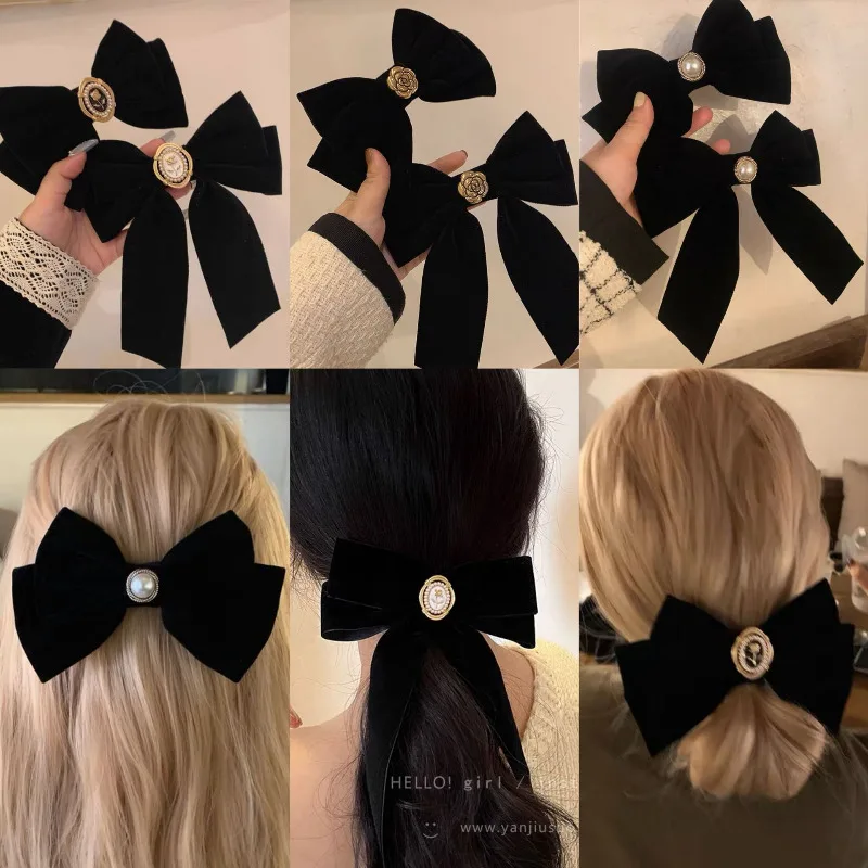 Czarne aksamitna kokarda włosy w koński ogon spinki do włosów w stylu Vintage elegancka róża damskie koreańskie modne akcesoria do kucyka