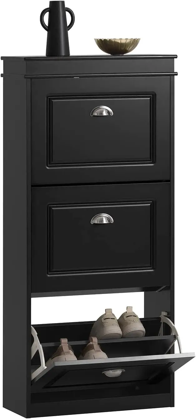 FSR94-SCH, Black Shoe Cabinet with 3 Flip Drawers, Freestanding Shoe Rack, Shoe Storage Rack(9.4