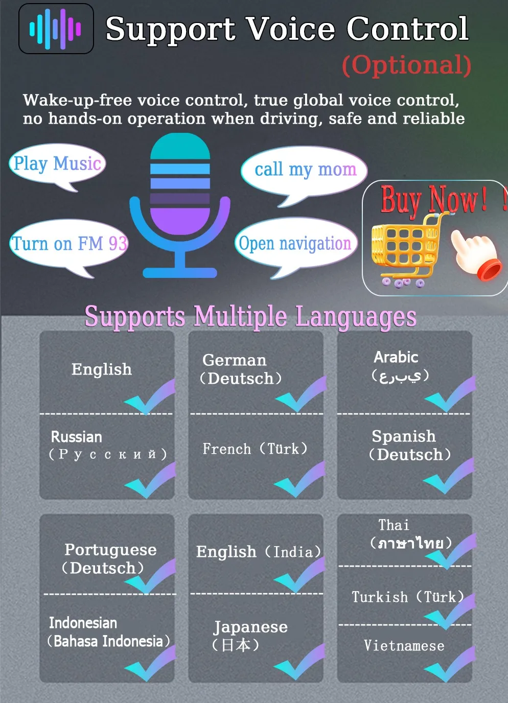 

For Android Voice Control English Spanish German Vietnamese Japanese French Thai Arabic Vietnamese Indonesian RussianPortuguese