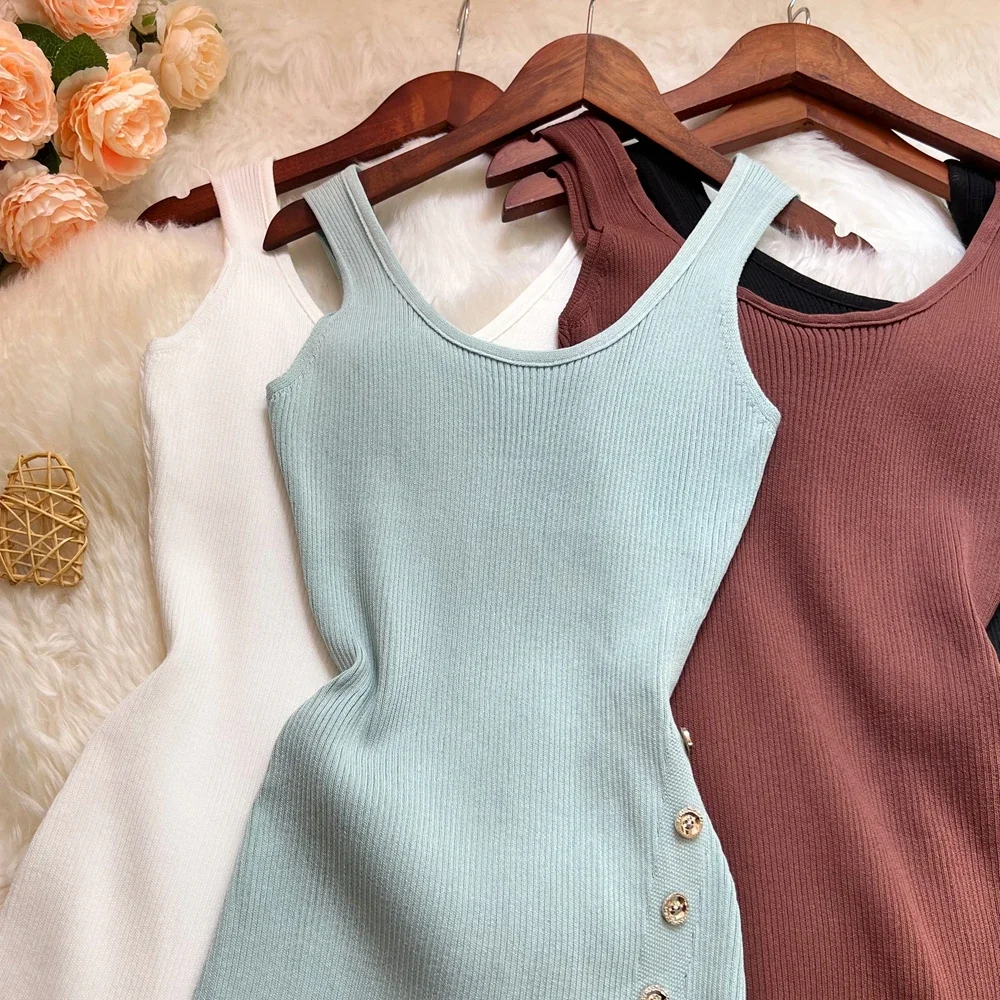 Elegante moda sexy pacchetto fianchi bottoni spaccati abito estivo donna sottile elastico aderente abito dal carro armato streetwear abiti da donna