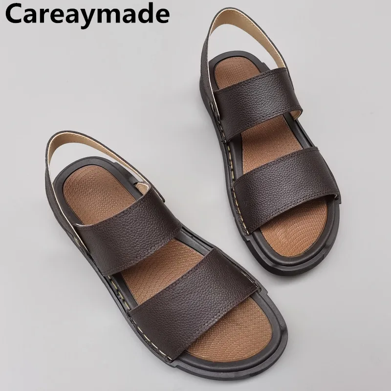 Careaymade-Genuine leather men\'s sandals and slippers open-toe casual anti-skid lightweight single toe layer cow leather sandals